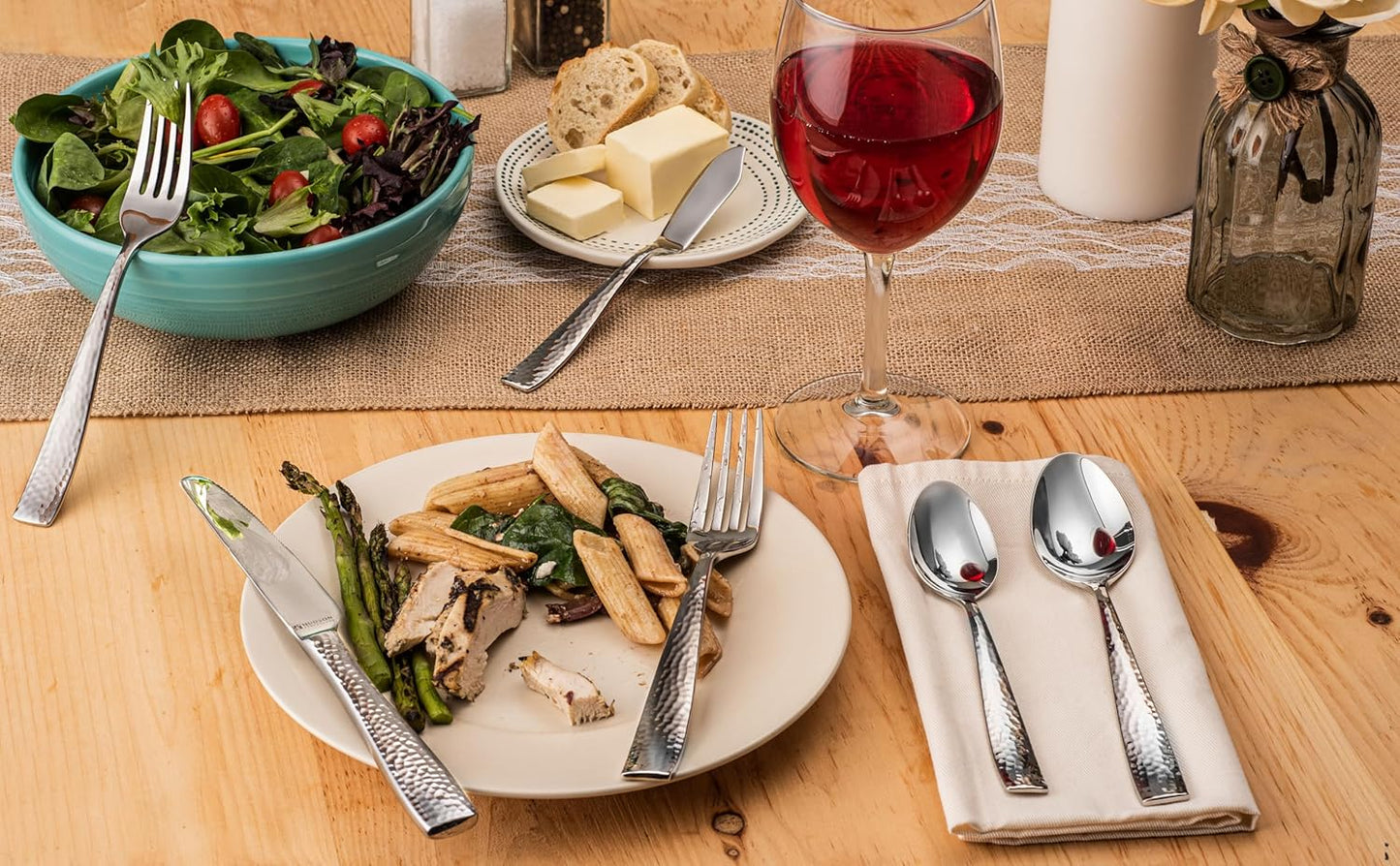 Hudson Essentials 48-Piece Hammered 18/10 Stainless Steel Silverware Cutlery Set with Serving Set, Flatware Service for 8