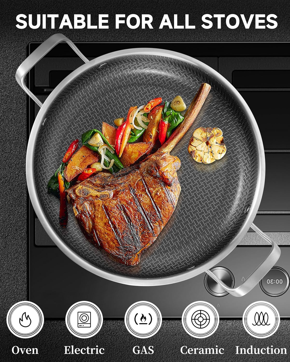 LOLYKITCH 12 In Nonstick Frying Paella Pan with Side Handles & Lid, Ceramic Coating, Tri-ply Stainless Steel, Induction Compatible, PFOA-free, Oven Safe to 600°F, Dishwasher-safe