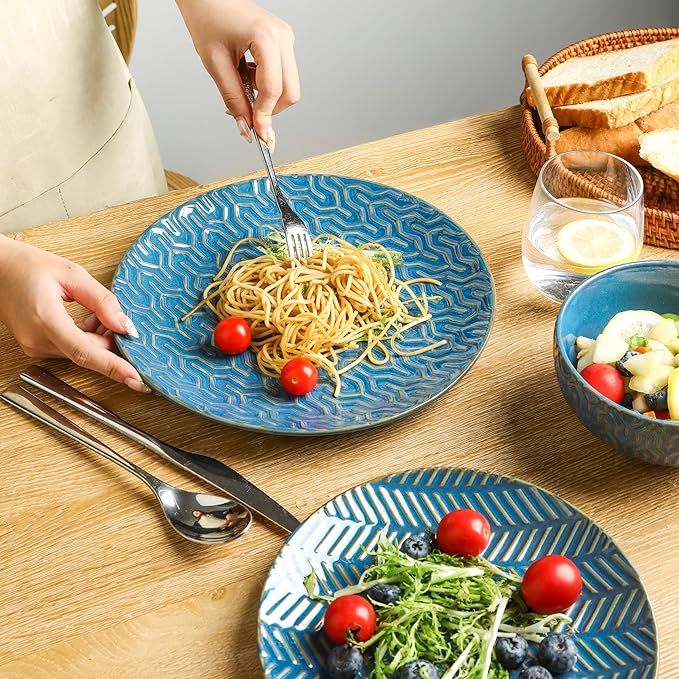Sureasy 12-Piece Ceramic Dinnerware Set for 4 - Embossed Plates and Bowls Sets, Scratch Resistant Dish Set, Microwave, Oven & Dishwasher Safe, Blue