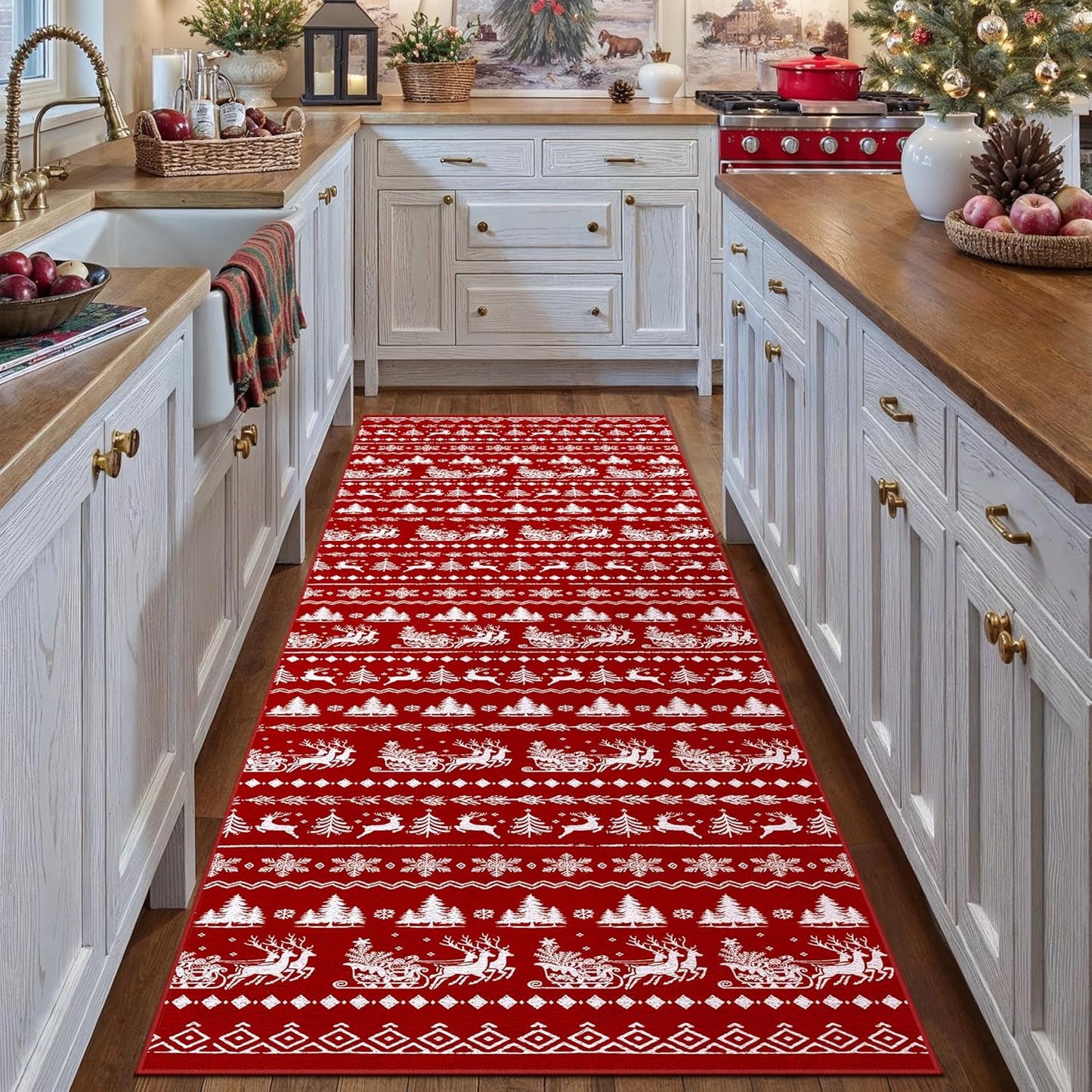 3x8 Christmas Runner Rug Red Washable Carpet Xmas Elk Holiday Decor Kitchen Non Slip Soft Low Pile Carpet Indoor Throw Snowflake Rug Laundry Room Living Room Bedroom Dining Room