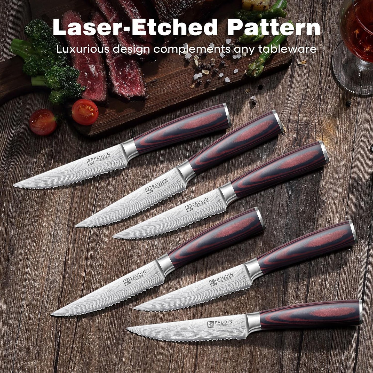 PAUDIN Steak Knives Set of 6, Kitchen Steak Knife 4.5 Inch, High Carbon Stainless Steel Steak Knives, Serrated Steak Knife with Pakkawood Handle, Dinner Knives with Gift Box