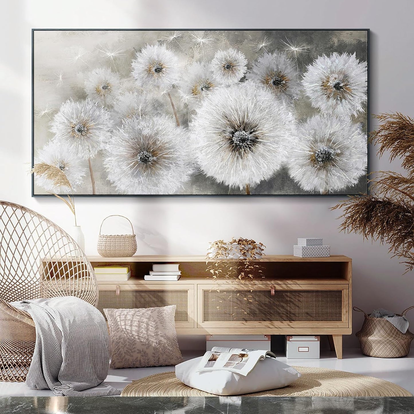 Pogusmavi Dandelion Wall Art Farmhouse Wall Art for Living Room Pictures for Bedroom Wall Decor Canvas Paintings Framed Wall Art for Bedroom Office Artwork Wall Decor Textured Art 30×60IN