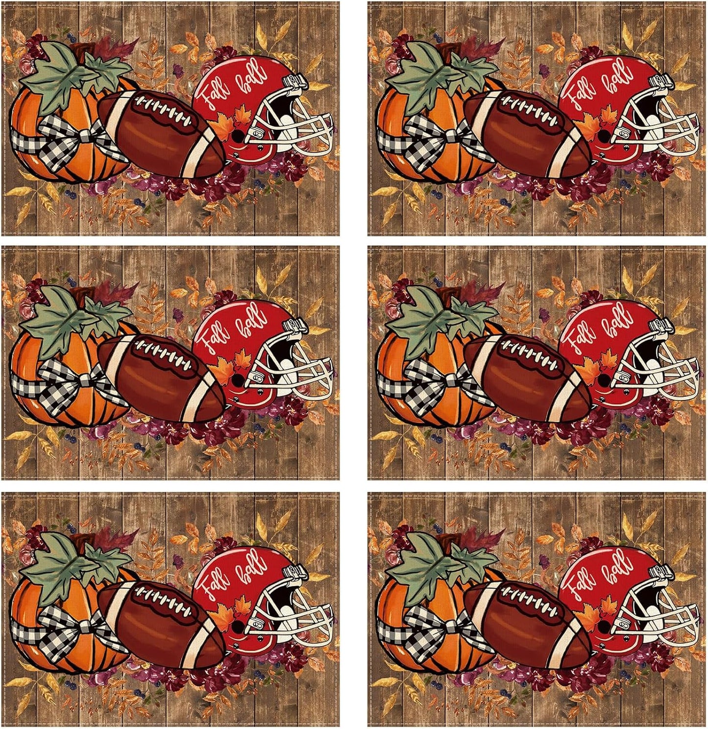 XCHI Fall Football Pumpkin Wood Placemats Set of 6 Table Mats for Party Home Kitchen Dining Table Decorations 12x18 Inch