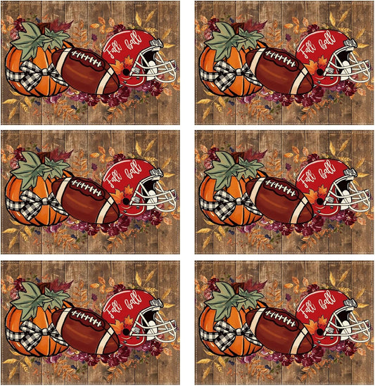 XCHI Fall Football Pumpkin Wood Placemats Set of 6 Table Mats for Party Home Kitchen Dining Table Decorations 12x18 Inch
