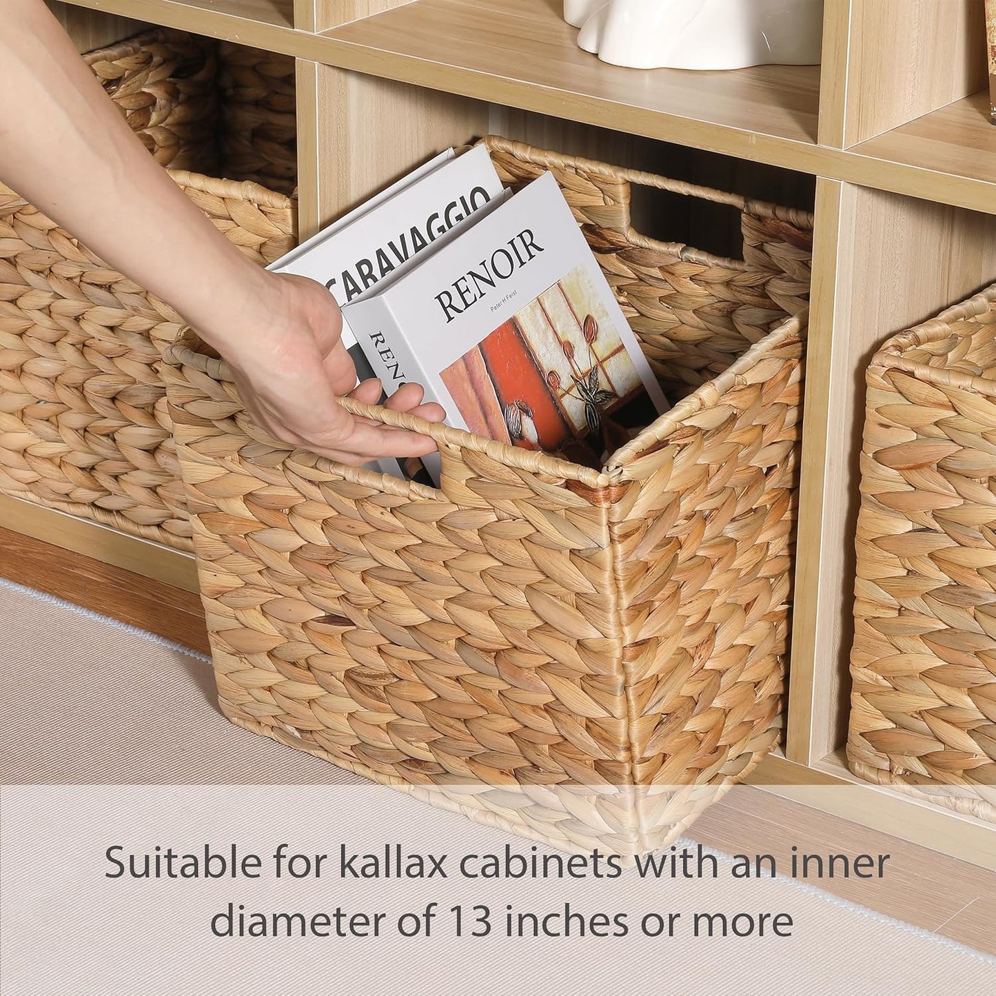 12x12x10 Water Hyacinth Storage Basket Large, Folding Cube Woven Wicker Storage Basket for Shelves, Pantry Baskets Organization and Storage, Kitchen Storage Baskets, Large Rattan Basket Set of 3