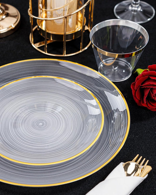 Morejoy 350PCS Clear Gold Plastic Plates - Disposable Gold Party Plates & Pre Rolled Napkins with Cutlery for 50 Guests, 100Plates, 150Silverware, 50Cups, 50Napkin for Party & Thanksgiving