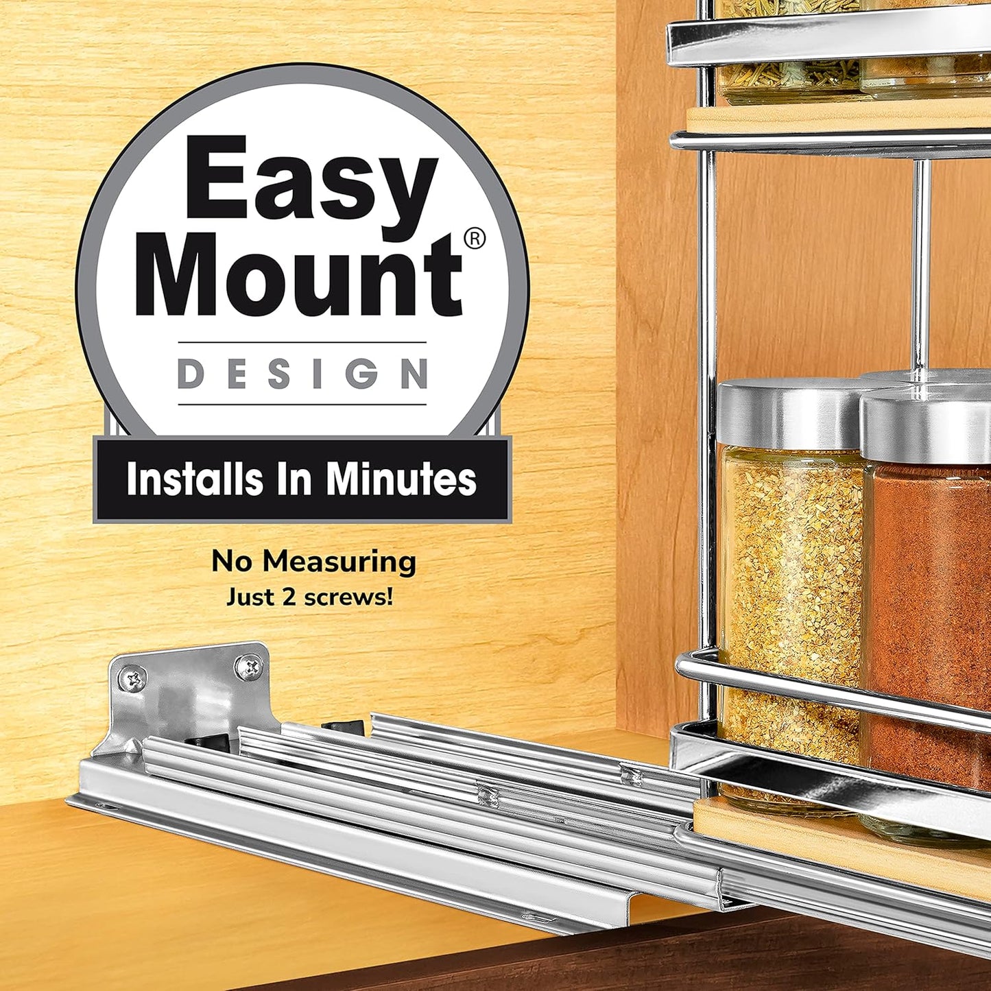 LYNK PROFESSIONAL® Élite™ Pull Out Spice Rack Organizer for Inside Kitchen Cabinets - 4-1/4 inch Wide - Slide Out Drawer – Wood/Chrome Sliding Spice Cabinet Organization Shelf Racks - 2 Tier