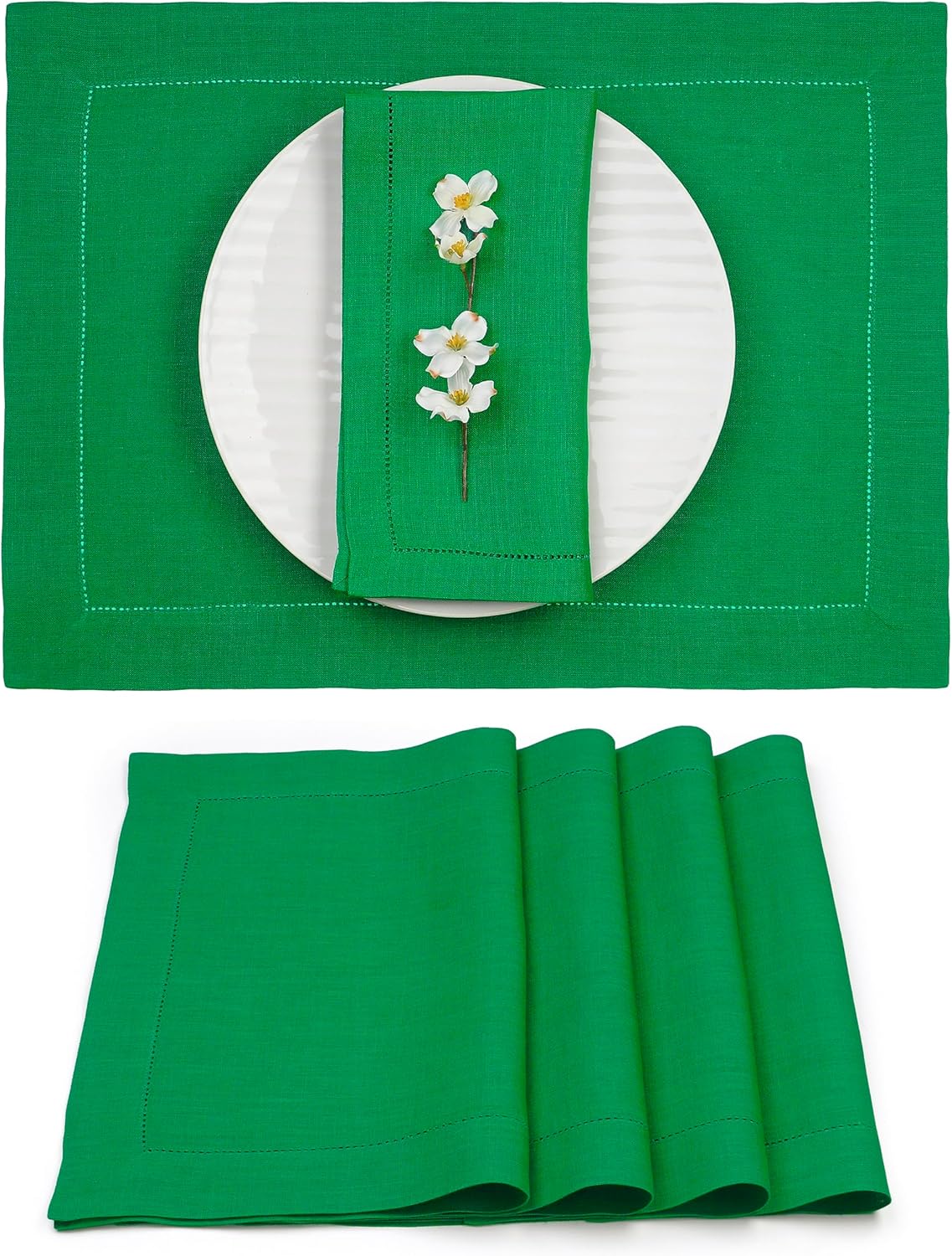 D'Moksha Homes Linen Placemats Set of 4 - Classic Hemstitch Kelly Green Placemats 14 x 19 Inch - 100% Pure Linen Table Mats for Fall, Autumn and Halloween - Handcrafted and Machine Washable