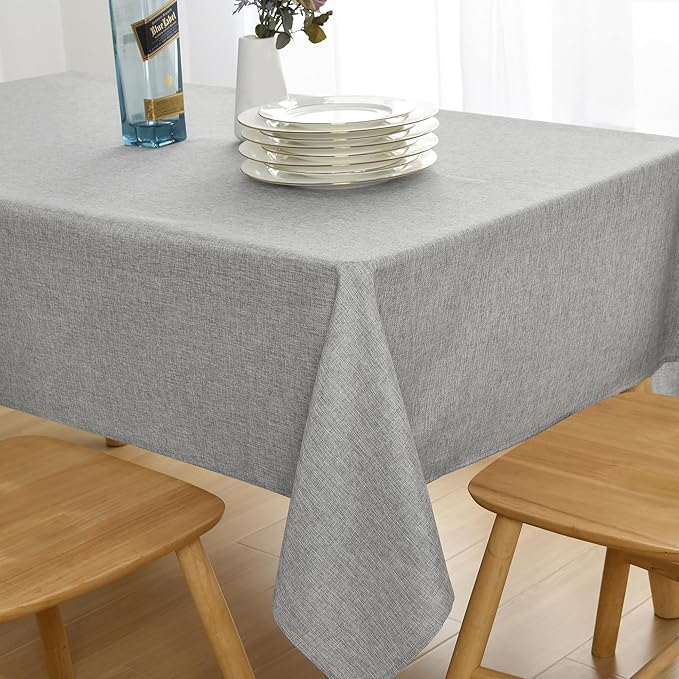JIUZHEN Faux Linen Farmhouse Tablecloth Rectangular, Wrinkle Stain Resistant Table Cloth Rectangle Table Cover for Kitchen Dining, Light Grey, 60 x 140 Inch