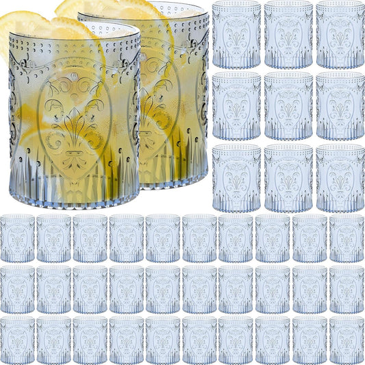 48 Plastic Vintage Drinking Glasses 8.5oz Stemless Retro Embossed Wine Glasses Shatterproof Reusable Cups for Baby Shower Wedding Reception Grand Event Party (Blue)