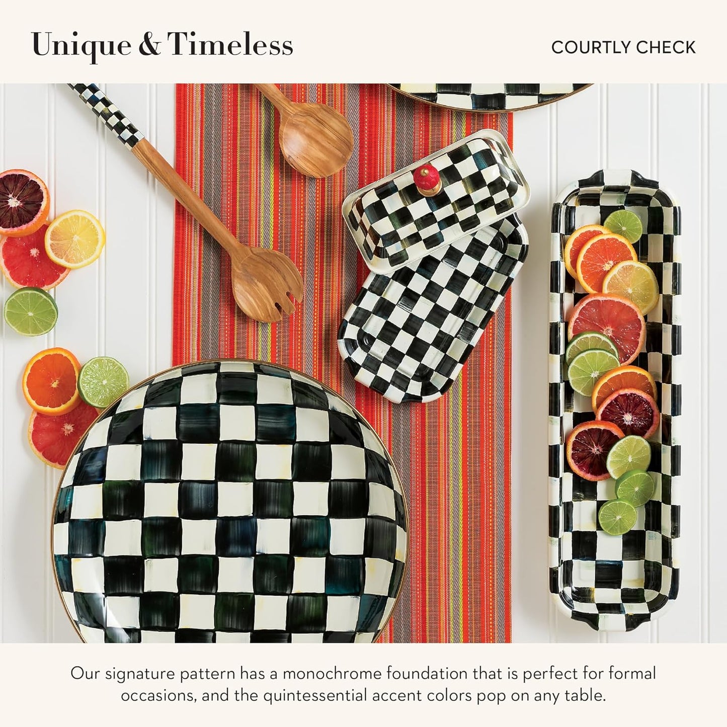 MACKENZIE-CHILDS Enamel Abundant Bowl, Decorative or Serving Bowl, 13-Cup Capacity, Black-and-White Courtly Check