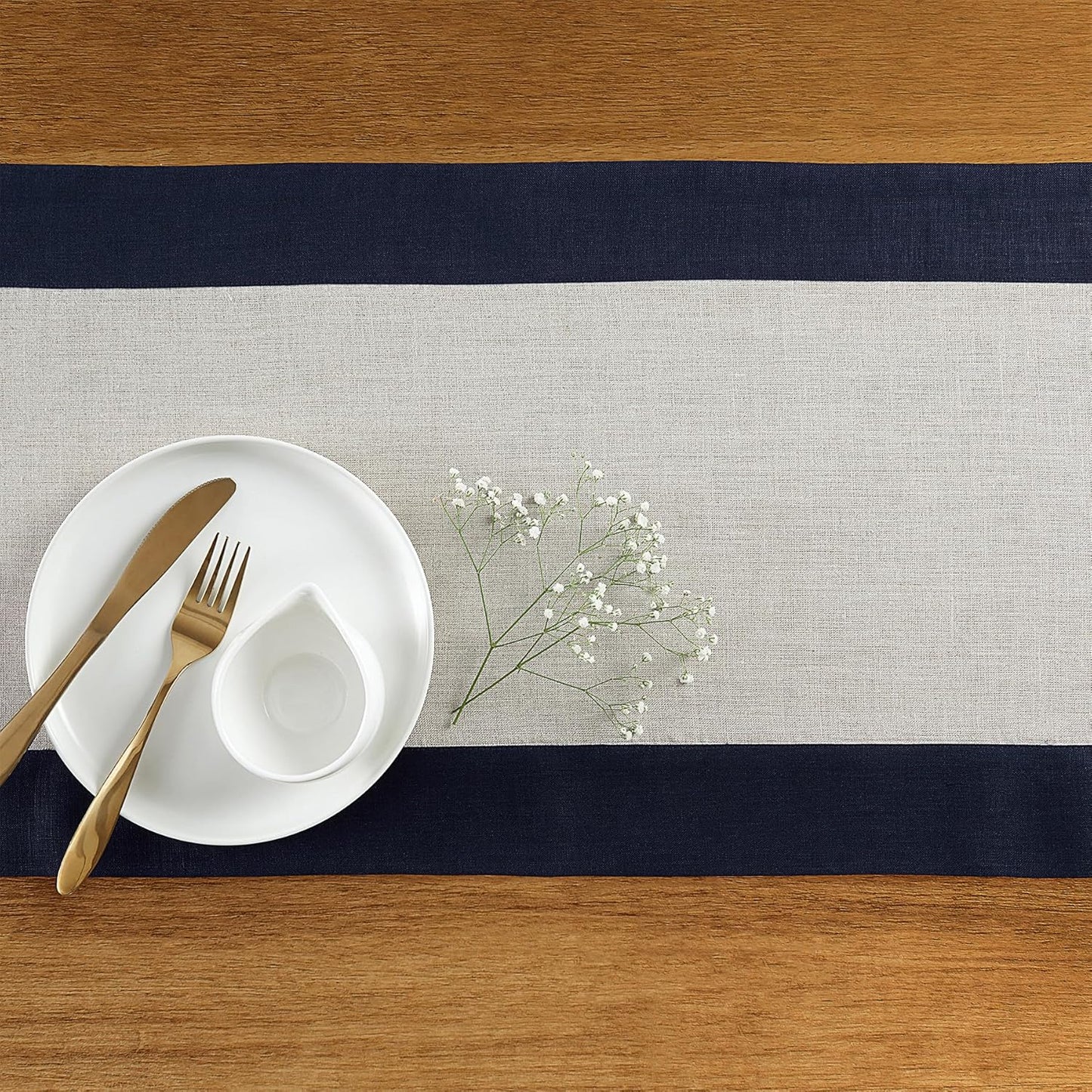 Solino Home Linen Table Runner 120 Inches Long - Navy and Natural 100% Pure Linen 14 x 120 Inch Table Runner for Dining, Fall, Autumn, Thanksgiving - Contempo