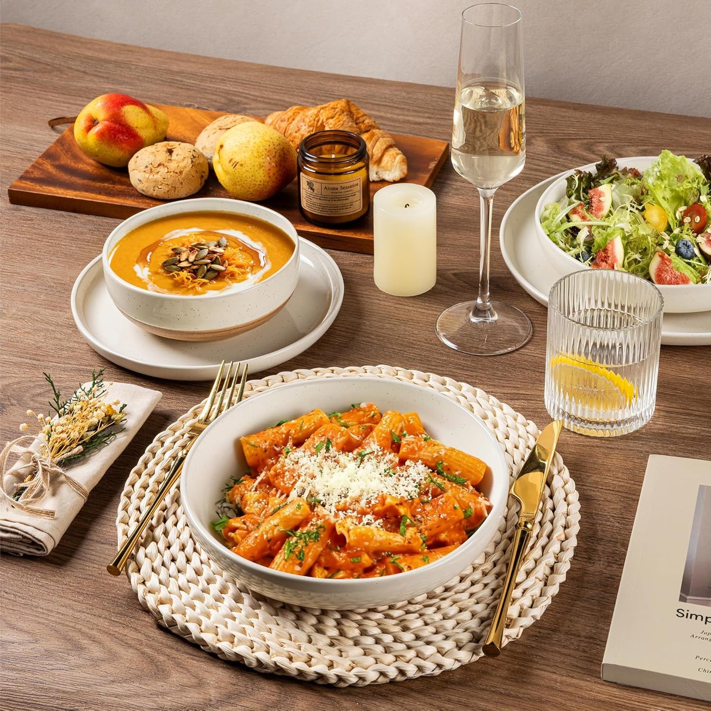 AmorArc Ceramic Dinnerware Sets for 8, 24 Pieces Handpainted Plates and Bowls Set with Rustic Terracotta Underside, Scratch Resistant Stoneware Dishes Set, Dishwasher & Microwave Safe, Light Beige