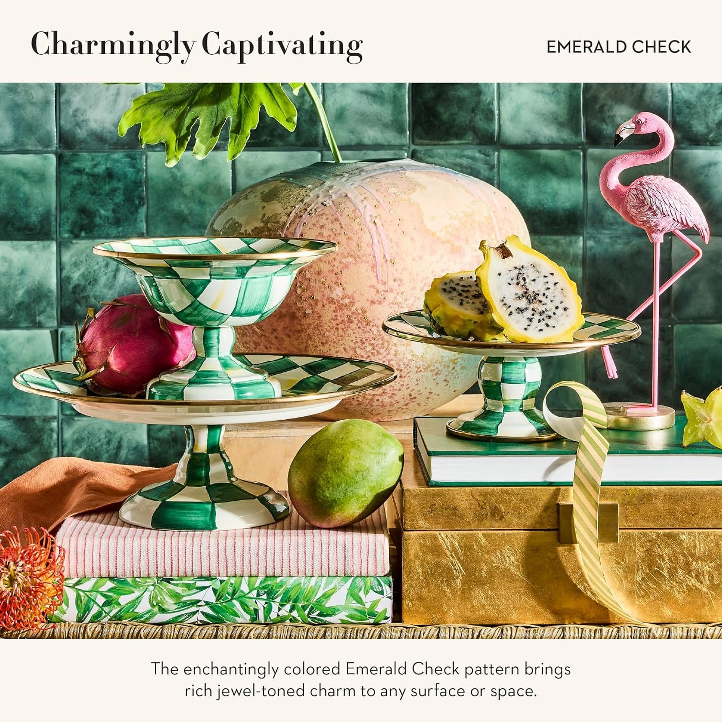 MACKENZIE-CHILDS Enamel Compote, Cute Enamel Pedestal Serving Dish or Decorative Bowl, Large, Green-and-White Emerald Check