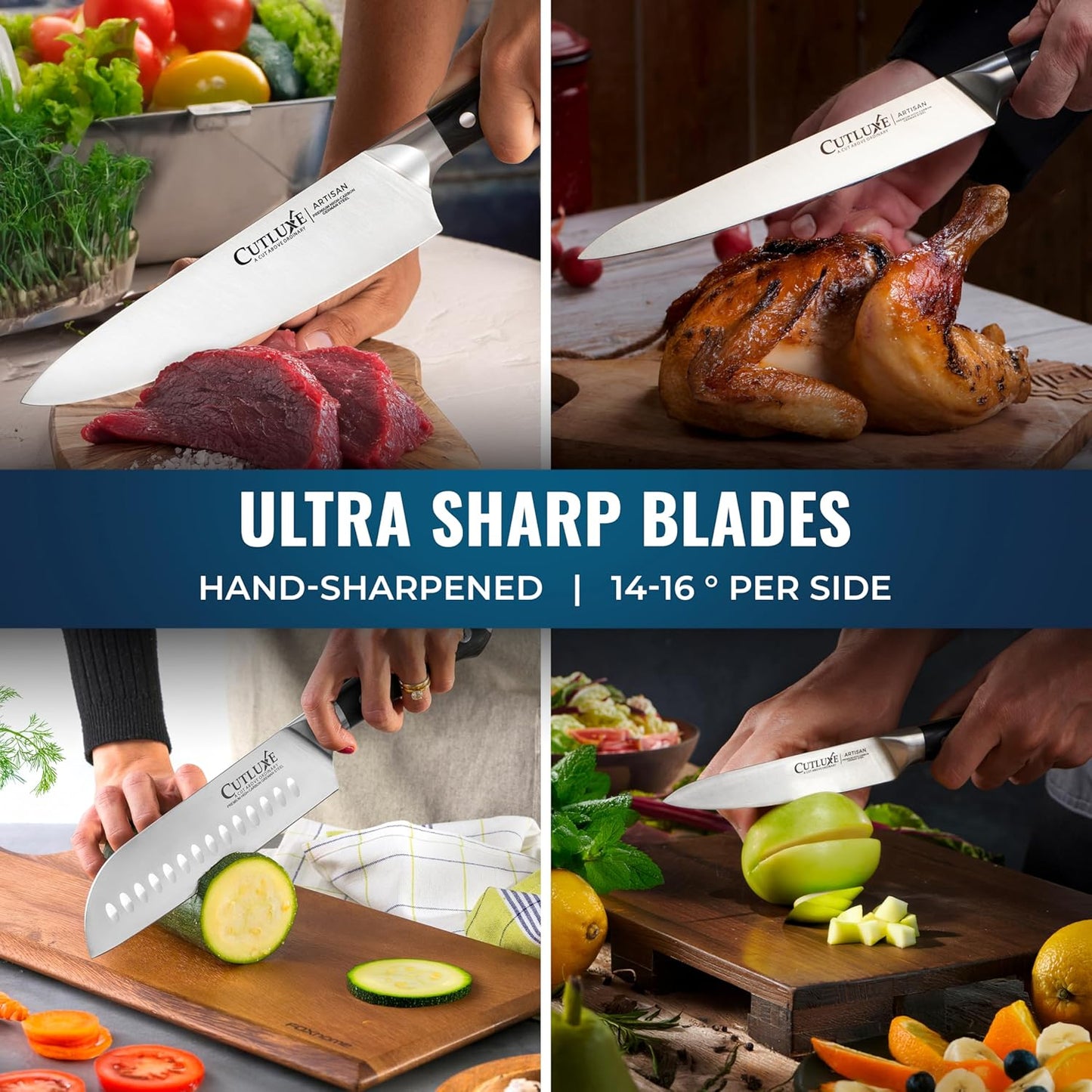 Cutluxe 15-Piece Knife Set – Premium Acacia Wood Block – Knife Set for Kitchen, Ultra Sharp High Carbon German Stainless Steel, Full Tang – Artisan Series