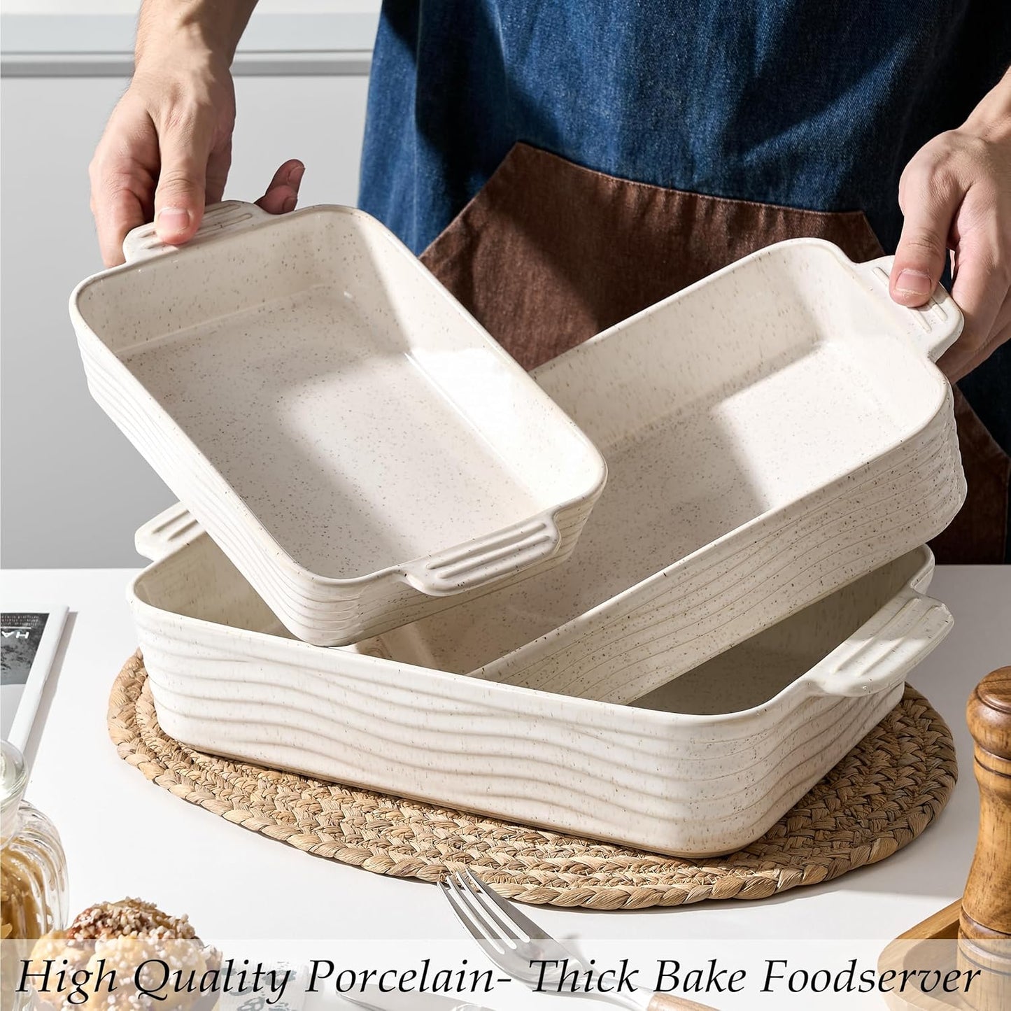 Ceramic Baking Dish Set of 3, Casserole Dishes for Oven, Square Porcelain Bakeware Set with Handles, Lasagna Baking Pan for Cooking, Perfect for Baking and Serving, Housewarming, Halloween, Thanksgiving, Christmas, New Year-Reactive White