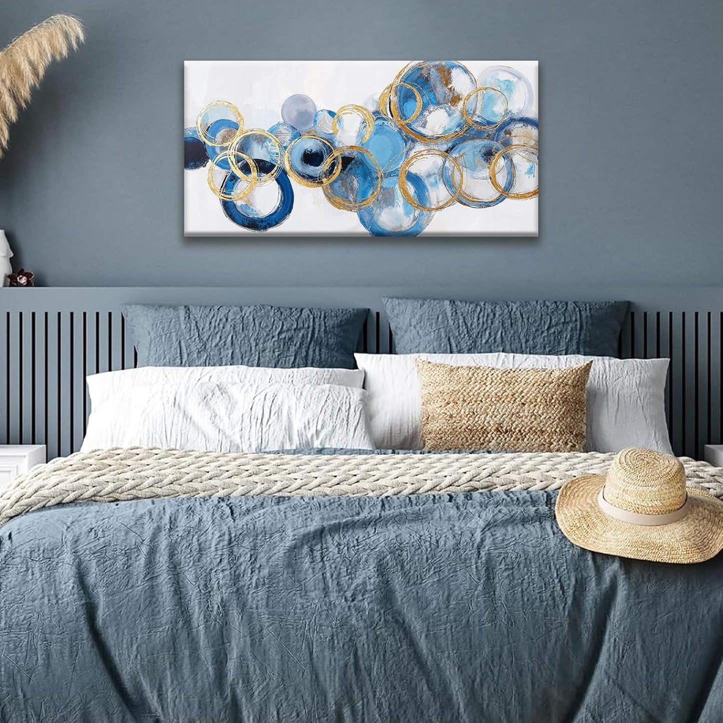 Suconvng Canvas Wall Art Decor Artwork Modern Paintings Abstract Wall Decor Maximalist Blue Gold Circle Abstract Wall Art Prints Picture For Bedroom Kitchen Office Artwork Ready To Hang 20" × 40"