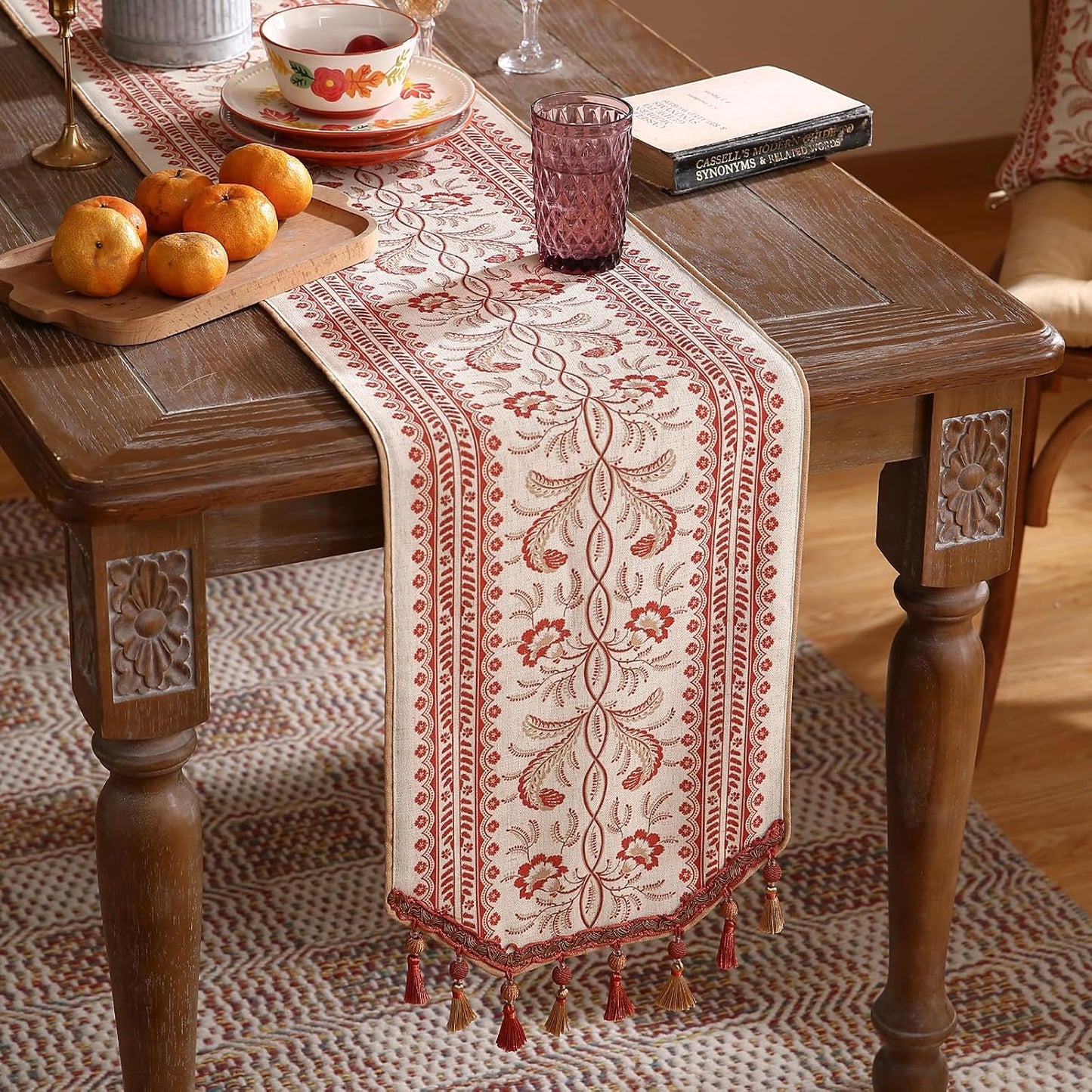 ISAENNE Designer Vintage Linen Table Runner 102 Inches Long,Red Floral Pattern Modern Decor Table Runners for Dining Tables,Thanksgiving,Kitchen Tables,Christmas,Banquet,12"*102"-Chamonix A