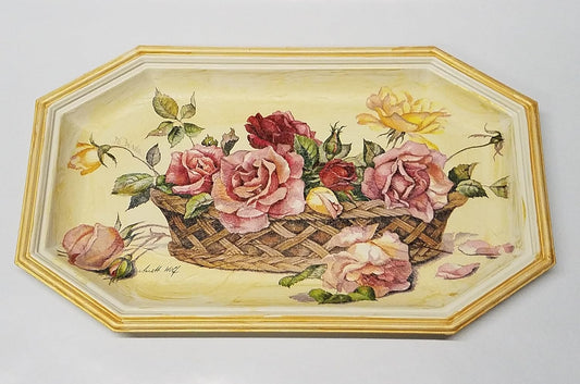 GAC Italian Hand Painted 'Country Flowers' Decorative Rectangular Serving Platter - Serving Tray, Decorative Plate - Brass - Limited Edition 11.25"