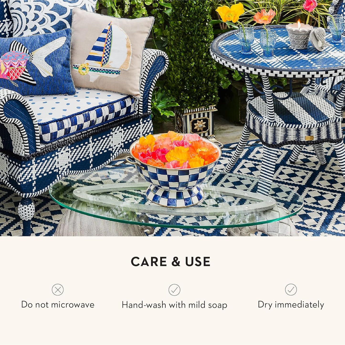 MACKENZIE-CHILDS Enamel Bowl, Serving Bowl for Entertaining, Everything Bowl, Blue-and-White Royal Check