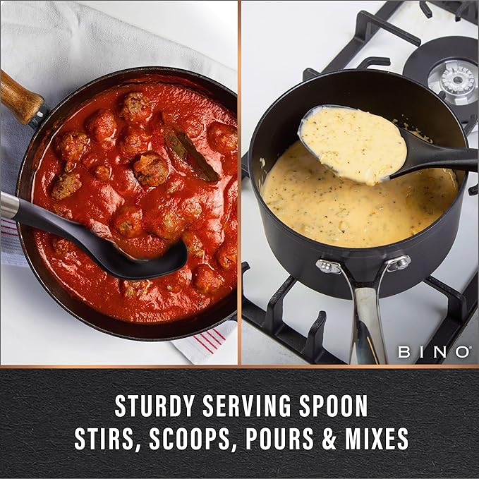 BINO 2-Piece Spoon & Turner Set with Stainless Steel Handles - Black | Heat Resistant BPA-Free Nonstick Cookware | Cooking Mixing & Serving Spoon | Cooking Utensils for Nonstick Cookware