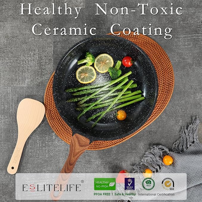 ESLITE LIFE Nonstick Ceramic Frying Pan Skillet, Non-Toxic Egg Omelette Kitchen Cooking Pans Compatible with All Stovetops (Gas, Electric & Induction), PTFE & PFOA Free (Black, 8'')