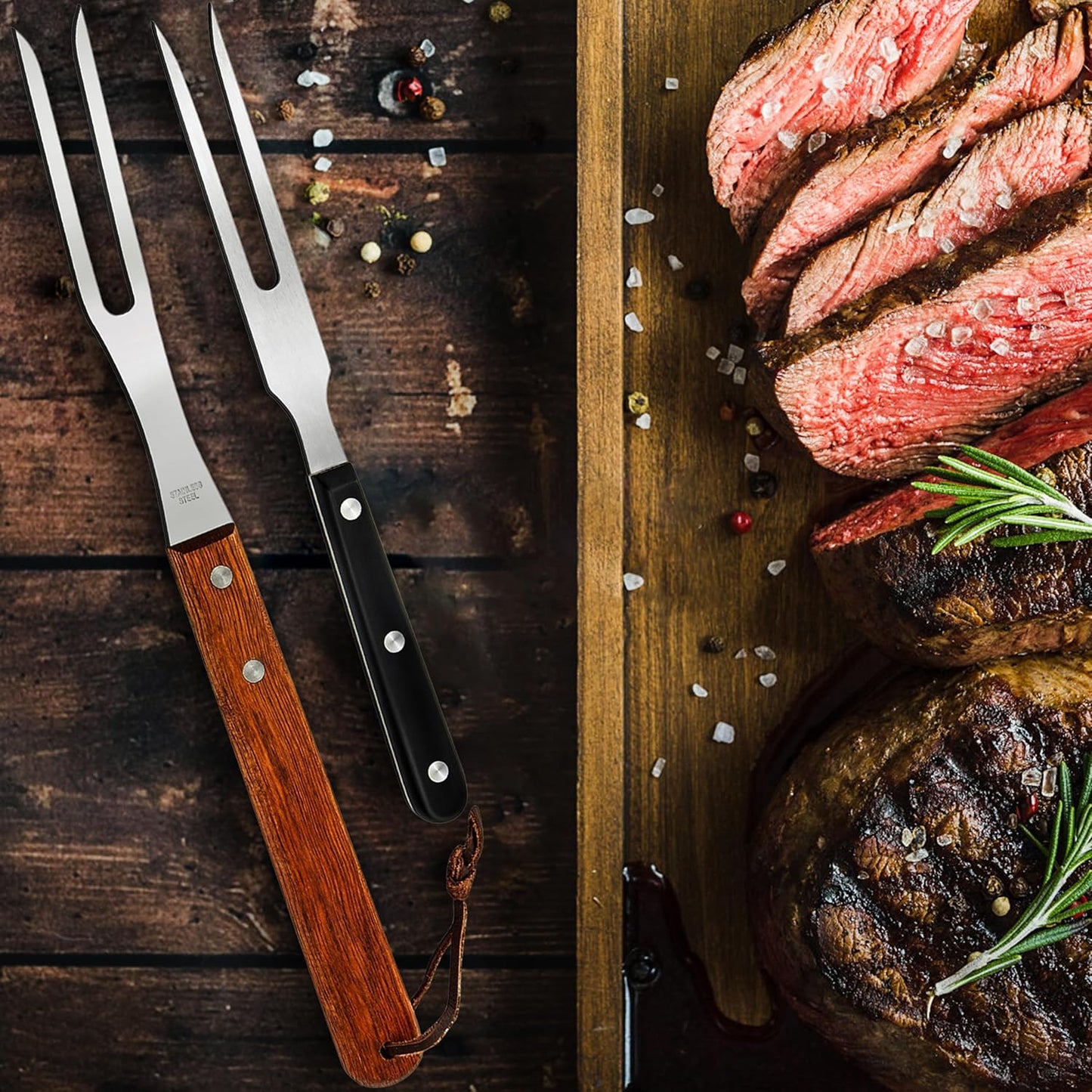 Ponpon 2Pcs Meat Forks Stainless Steel Carving Fork with Wooden Handle Barbecue Fork for Cooking Kitchen (2)