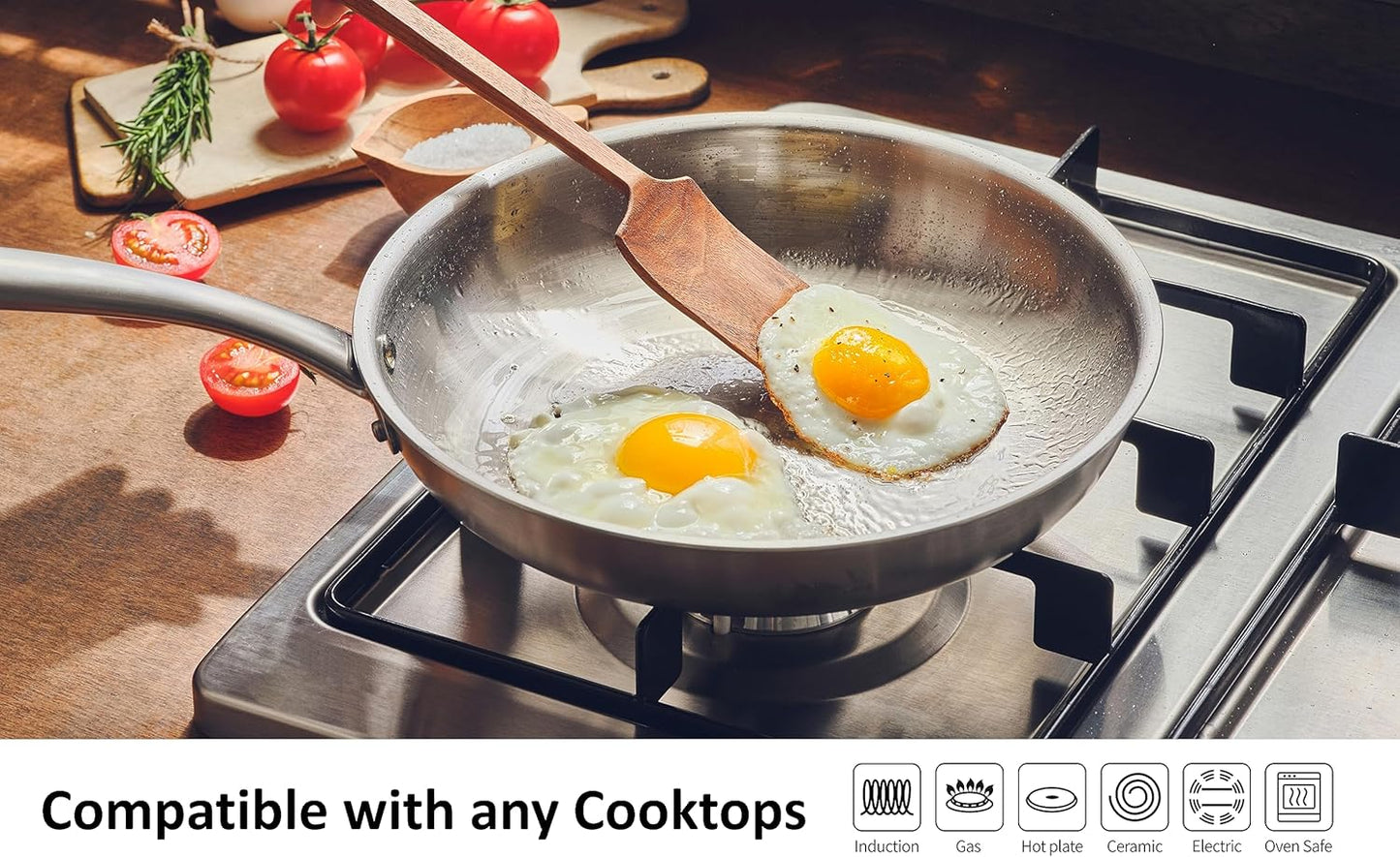 5-ply Stainless Steel Frying Pan 10inch, Full 5-Ply Clad Construction Professional Grade Pan, Brushed Finish, Induction Cooking Pan, Oven Safe, Dishwasher Safe