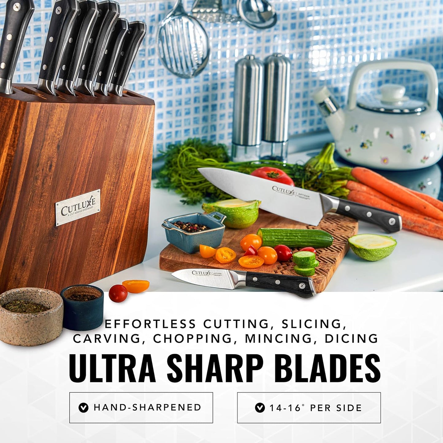 Cutluxe Kitchen Knife Set – 8 Pcs Professional Chef Knife Set with Block – Razor Sharp Knives with Full Tang Design, High Carbon German Steel, Natural Acacia Wood Block – Artisan Series