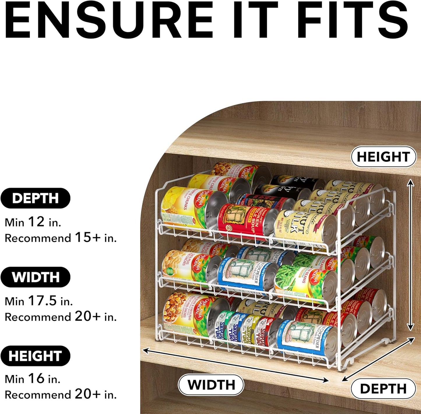 Simple Houseware Stackable Can Organizer Rack for Pantry/Cabinet - 11.5" D x 17" W x 13.75" H, Holds 36 Cans, 3-Tier Can Food Storage Dispenser, White