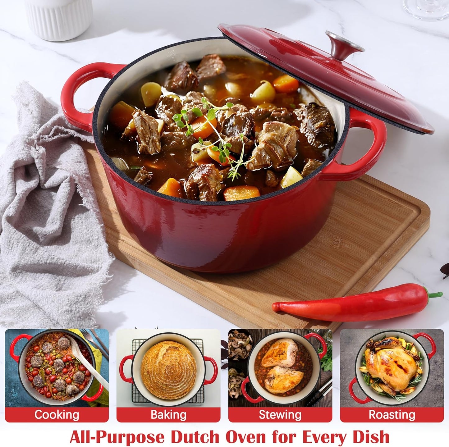 E-far Enameled Dutch Oven Pot for Bread Baking, 6QT Enameled Cast Iron Cookware with Self-Basting Lid & Sourdough Bread Baking Supplies, Heavy Duty Casserole Pot & Dual Handles-Red