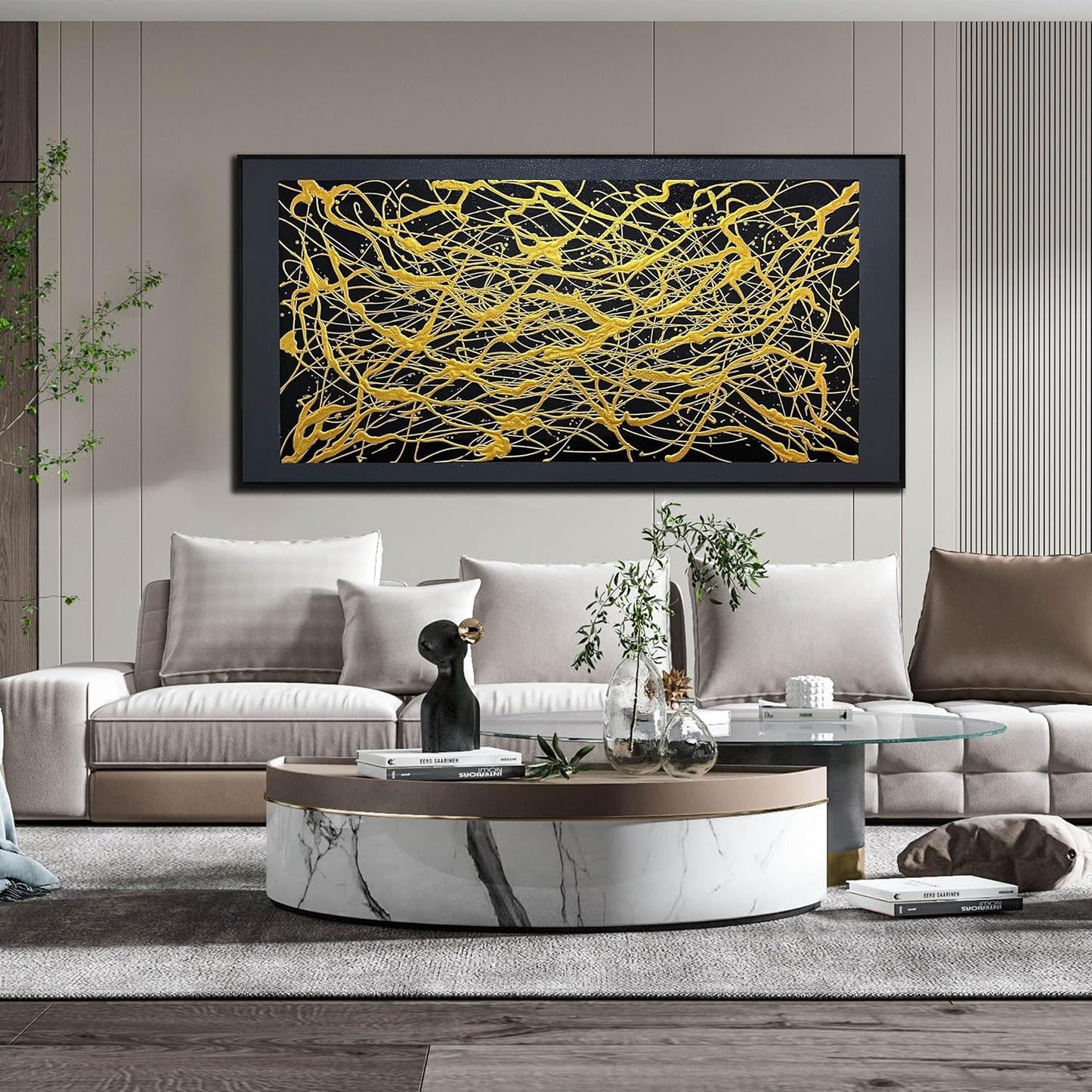 Abstract Black and Gold Hand Painted Wall Art for Living Room - Modern Large Canvas Wall Art for Office - Large Picture Frames for Wall Size 29" x 59"