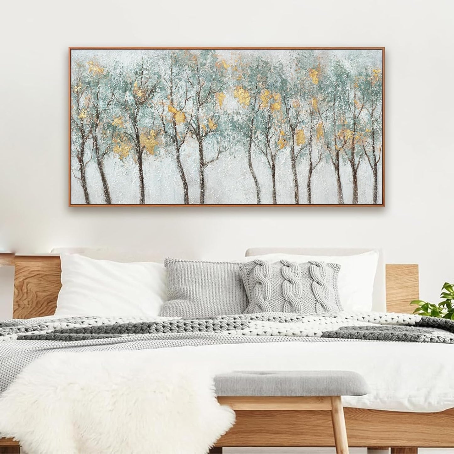 Wall Art Modern Artwork Canvas Prints Framed Picture Green Plant Forest Abstract Tree Contemporary Wall Art Bedroom Living Room Office Decoration Framed Ready To Hang 24x48 Inch