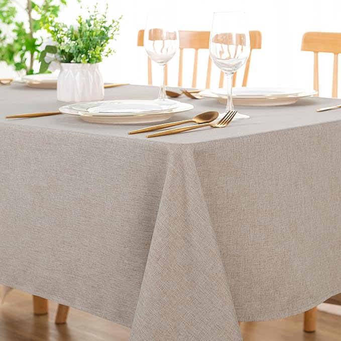 DWCN Rectangle Faux Linen Tablecloth - Textured Waterproof Spill-Proof Wrinkle and Stain Resistant Table Cloth Decorative Fabric Farmhouse Table Cover for Kitchen Dining Party, 60 x 84 Inch, Stone