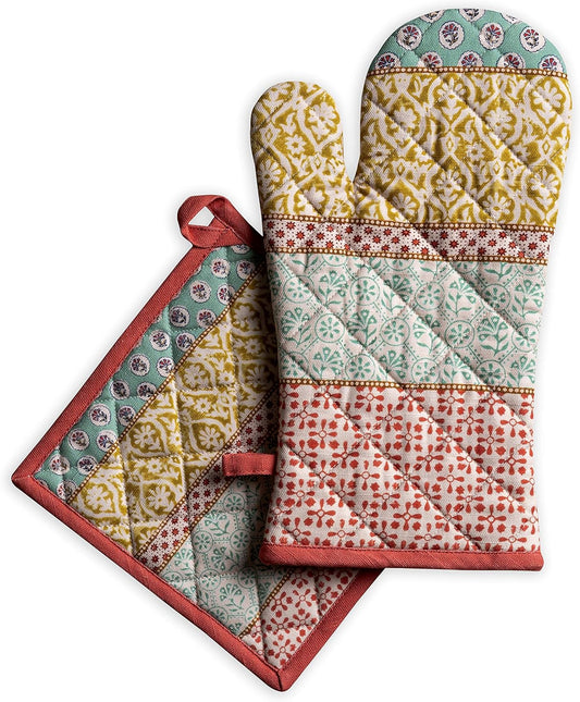 Maison d' Hermine 100% Cotton Oven Mitt & Pot Holder Set (7.5"x13" & 8"x8") Heat Resistant BBQ Cooking Gloves with Loop, Baking, Grilling, Kitchen, Handling Hot Pans Spring/Summer (Provence)