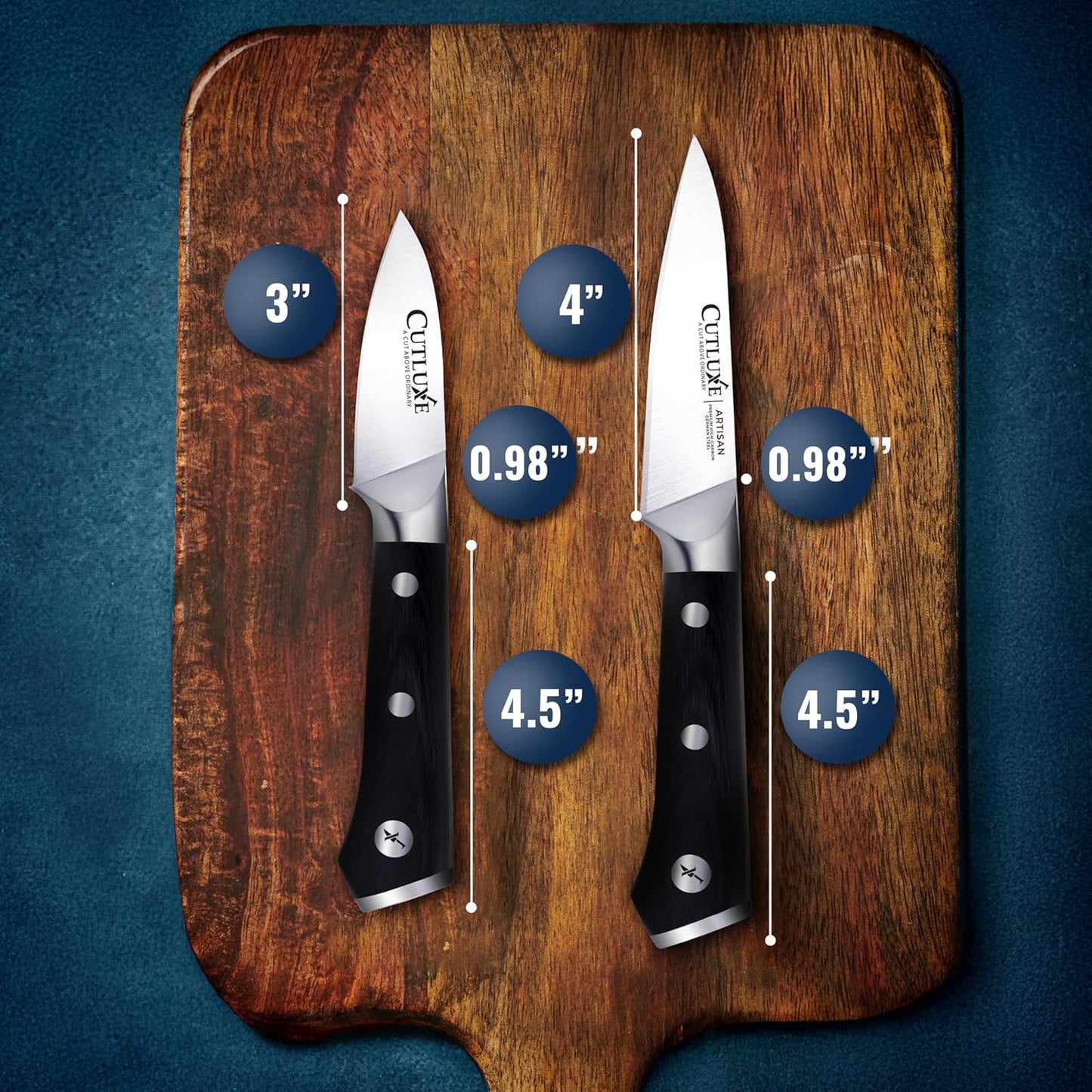 Cutluxe Paring Knife Set – 4" Fruit and 3" Peeling Knives – Small Knife with Razor Sharp Blade – High Carbon German Steel, Full Tang & Ergonomic Handle Design – Artisan Series