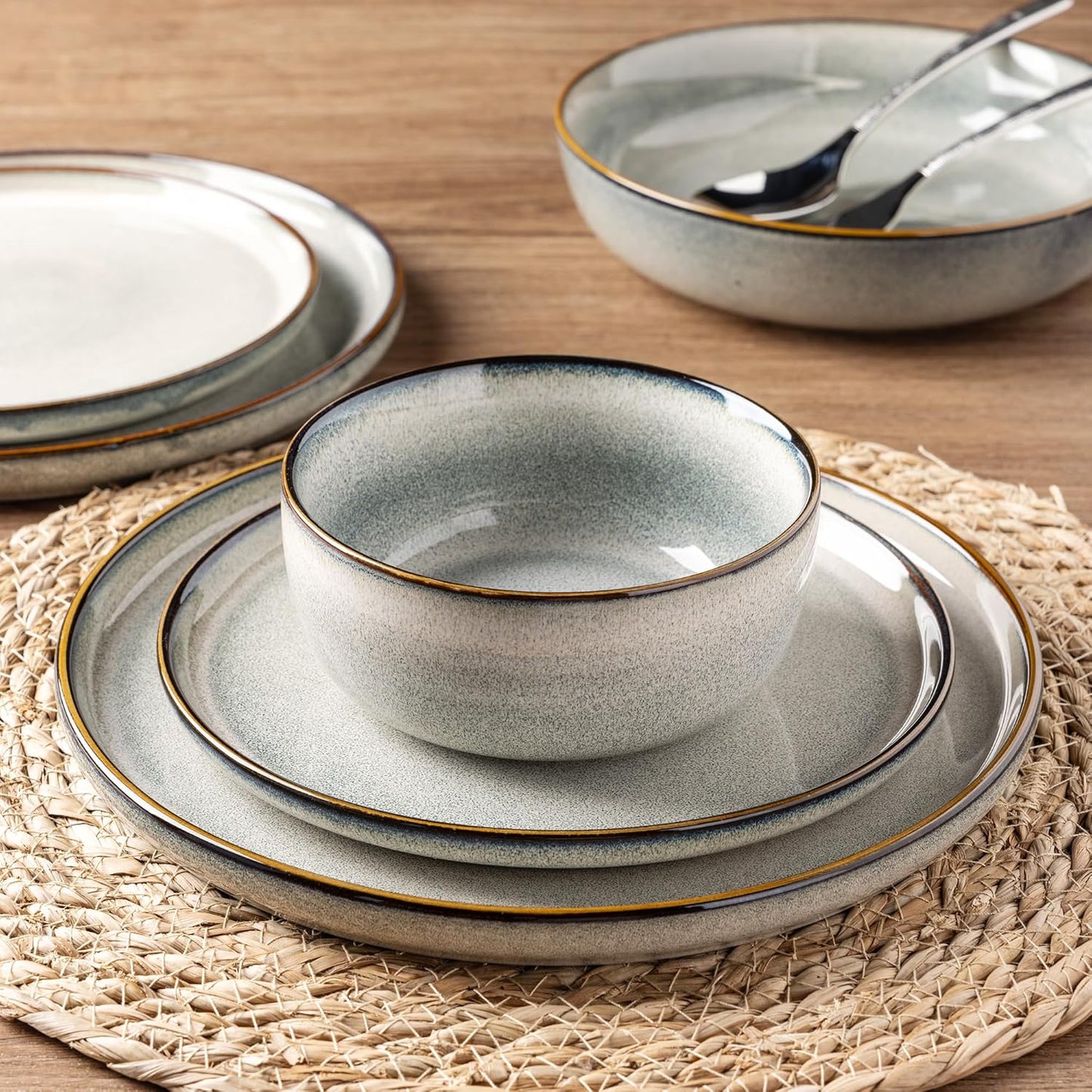 GBHOME Ceramic Dinnerware Sets for 4, 12 Pieces Stoneware Plates and Bowls Sets, Reactive Glaze Dishes -Scratch Resistant, Dishwasher&Microwave Safe, Green Wheat