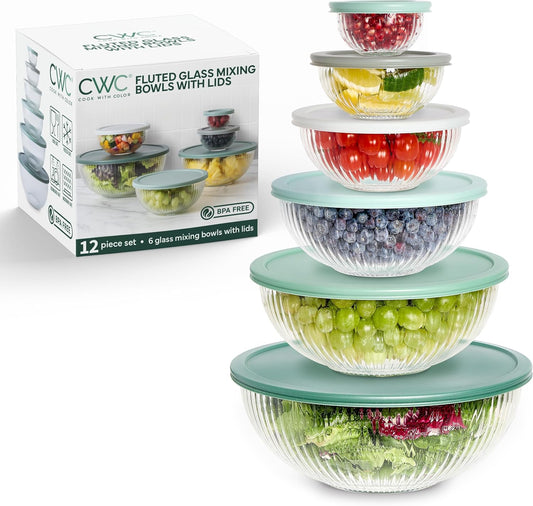 COOK WITH COLOR 12 Pc Glass Mixing Bowl Set with Lids – Borosilicate Glass Nesting Bowls for Cooking, Baking and Meal Prep, Fluted Sage