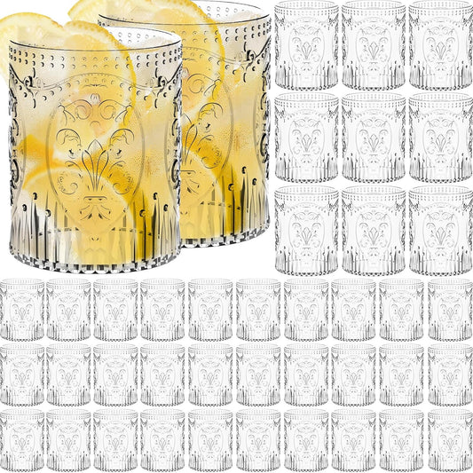 48 Plastic Vintage Drinking Glasses 8.5oz Stemless Retro Embossed Wine Glasses Shatterproof Reusable Cups for Baby Shower Wedding Reception Grand Event Party (Clear)