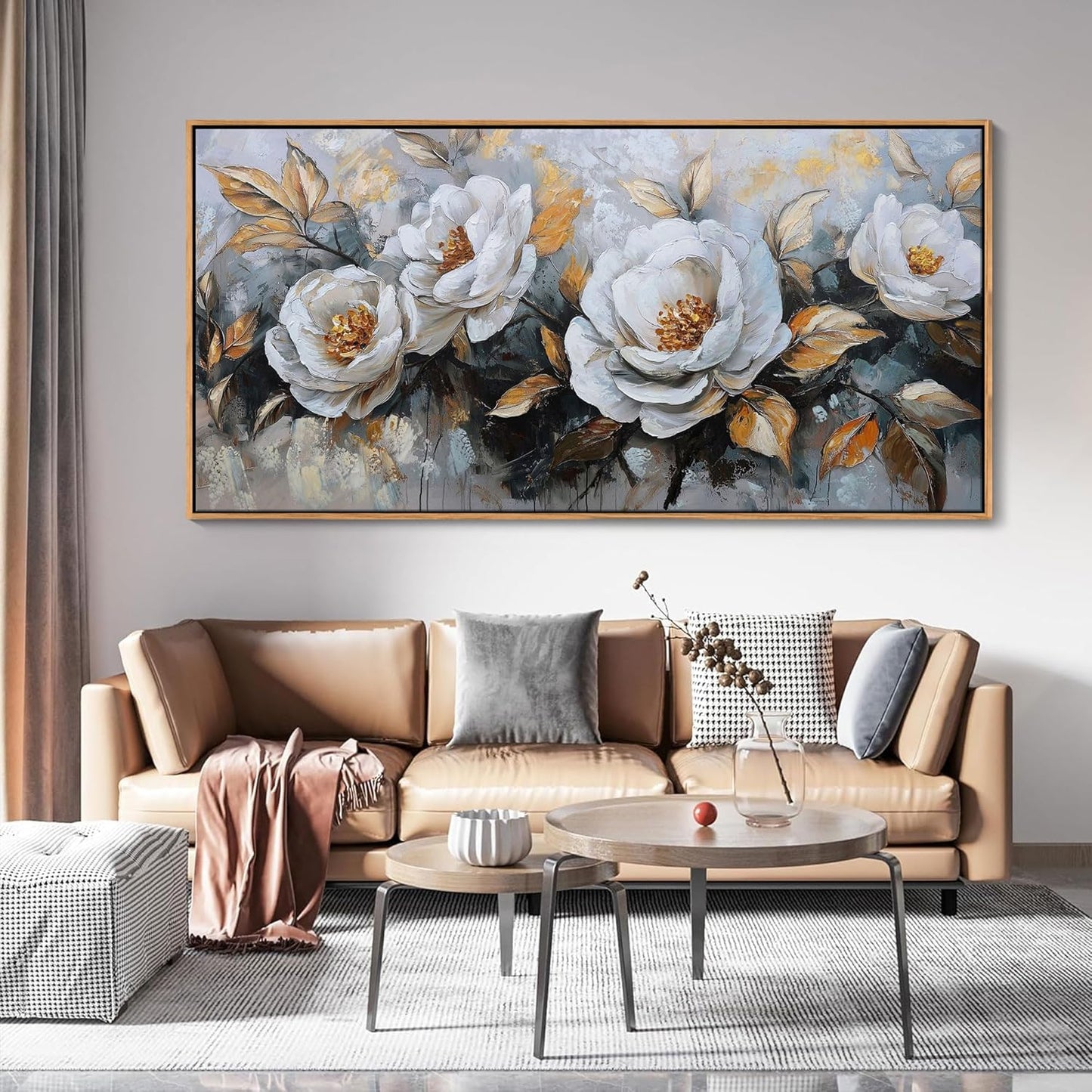 HKDGOKA Large Flowers Canvas Wall Art - Textured Petals Painting Golden Stamens Leaves Abstract Pictures Decor Modern Gallery Floral Artwork for Living room Office Bedroom Home Decorations 29x58