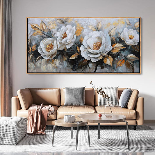 HKDGOKA Large Flowers Canvas Wall Art - Textured Petals Painting Golden Stamens Leaves Abstract Pictures Decor Modern Gallery Floral Artwork for Living room Office Bedroom Home Decorations 29x58