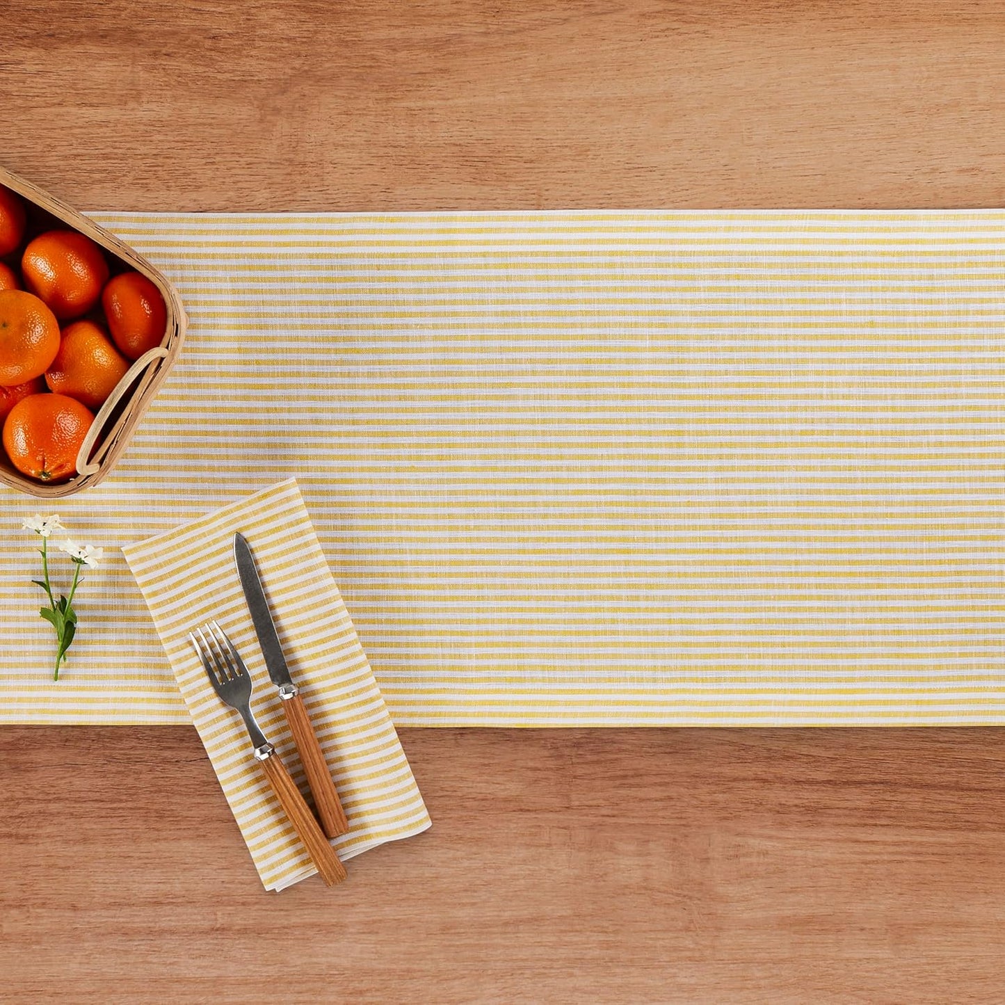 Solino Home Linen Table Runner 72 Inches Long - Narrow Stripe, 100% Pure Linen Spicy Mustard and White Table Runner 14 x 72 Inch for Dining, Dresser