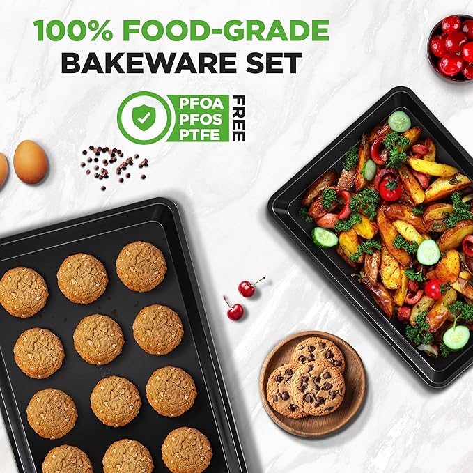 NutriChef 2-Piece Non-Stick Black Cookie Sheets - Versatile & Durable Non-Toxic Carbon Steel Bakeware Sets, Stackable Baking Tray for Cookies, Brownies, Jelly rolls - Oven Safe & Easy Clean