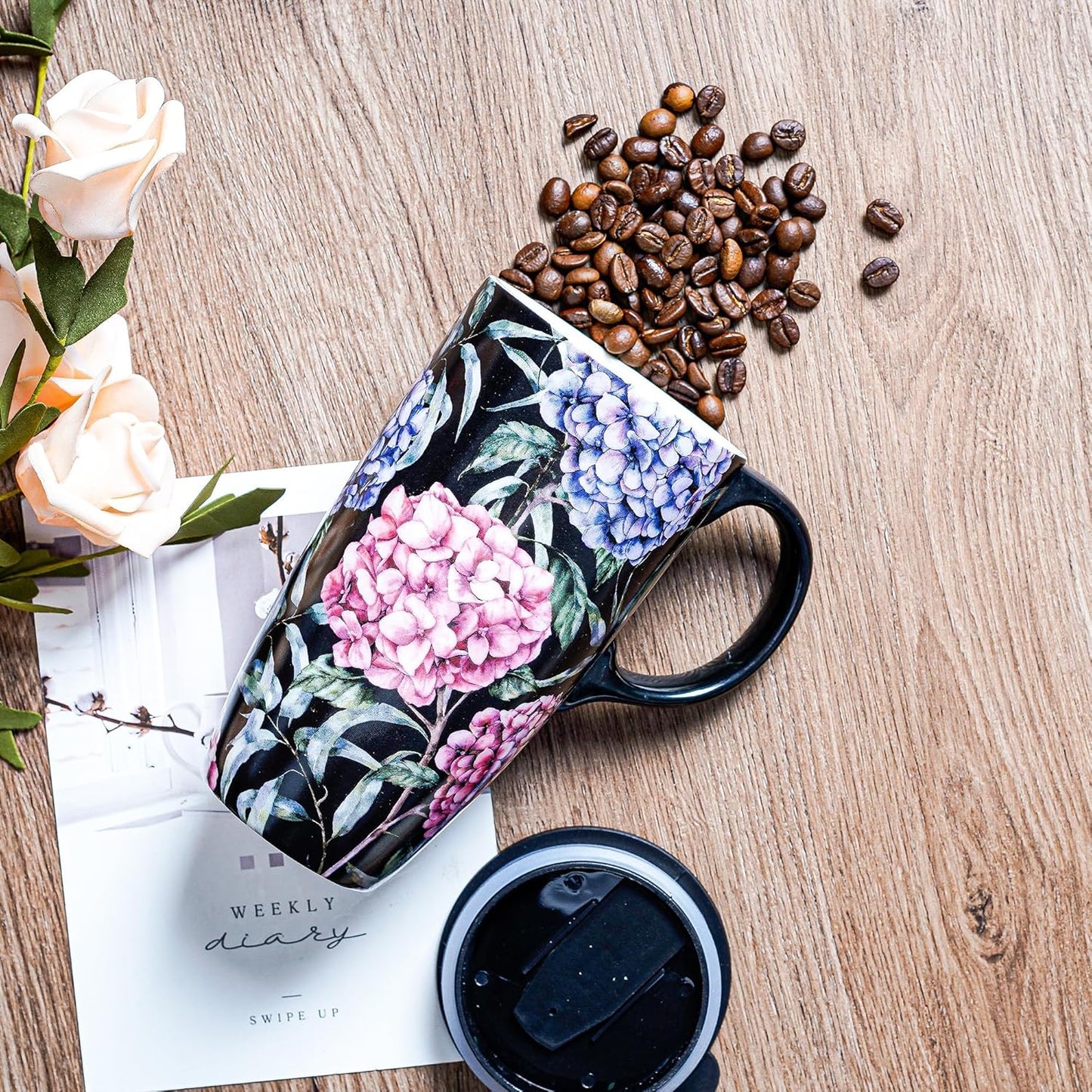 Topadorn Ceramic Coffee Mug Tall Ceramic Cup with Lid and Color Box 17 oz.,Pink and Purple Flowers
