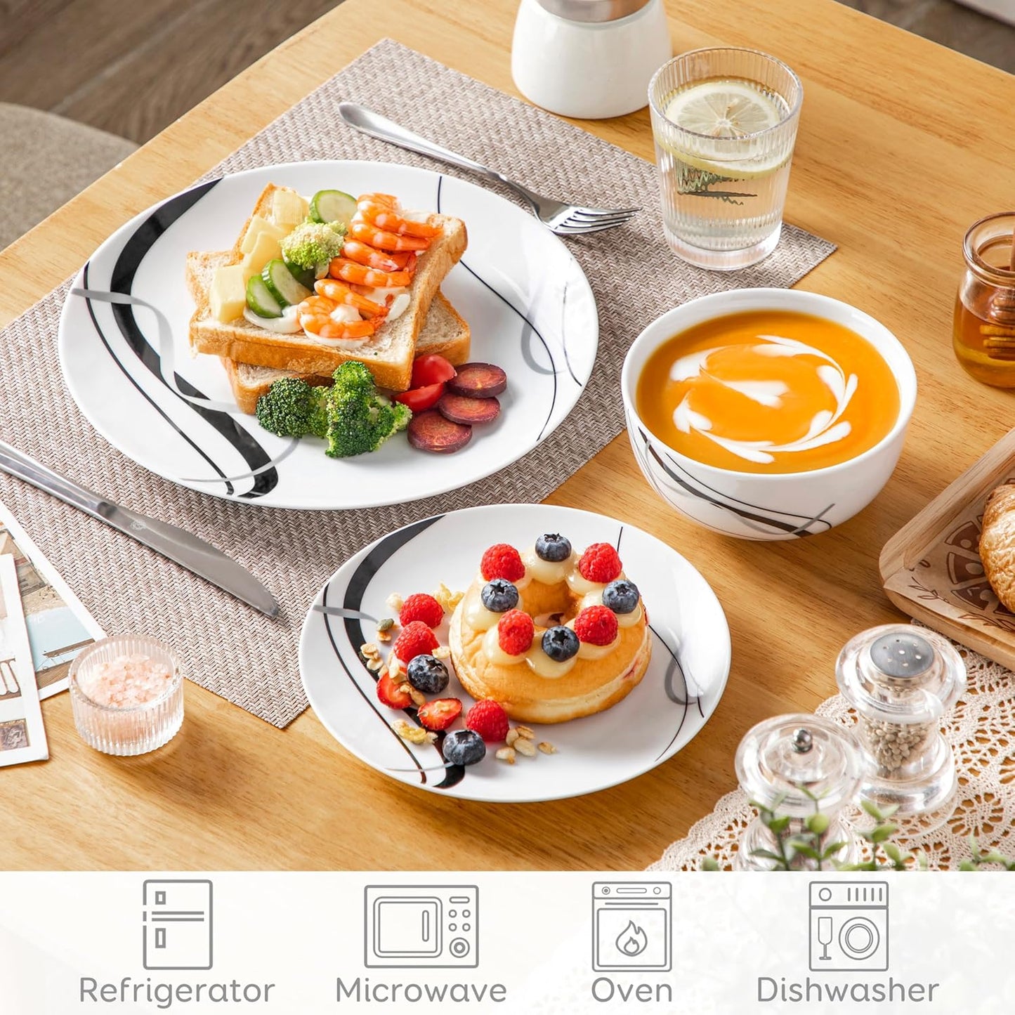 VEWEET Porcelain Dinnerware Sets for 4, 12 Pieces Plates and Bowls Set with Black and Grey Ribbon Lines, Dishes Set Dining Ware for Dinner, Microwave and Dishwasher Safe, Series FIONA