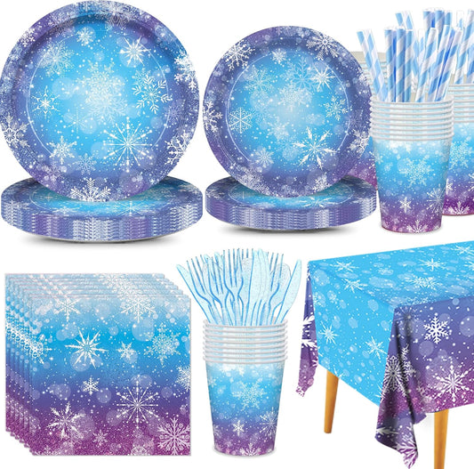 Magical Frozen Wonderland Party Dinnerware Kit - 161 Blue Purple Winter Snowflake Birthday Supplies Decor for Kids - Premium Dinner&Dessert Plates Cutlery Napkins Straws Cups Tablecloth for 20 Guests