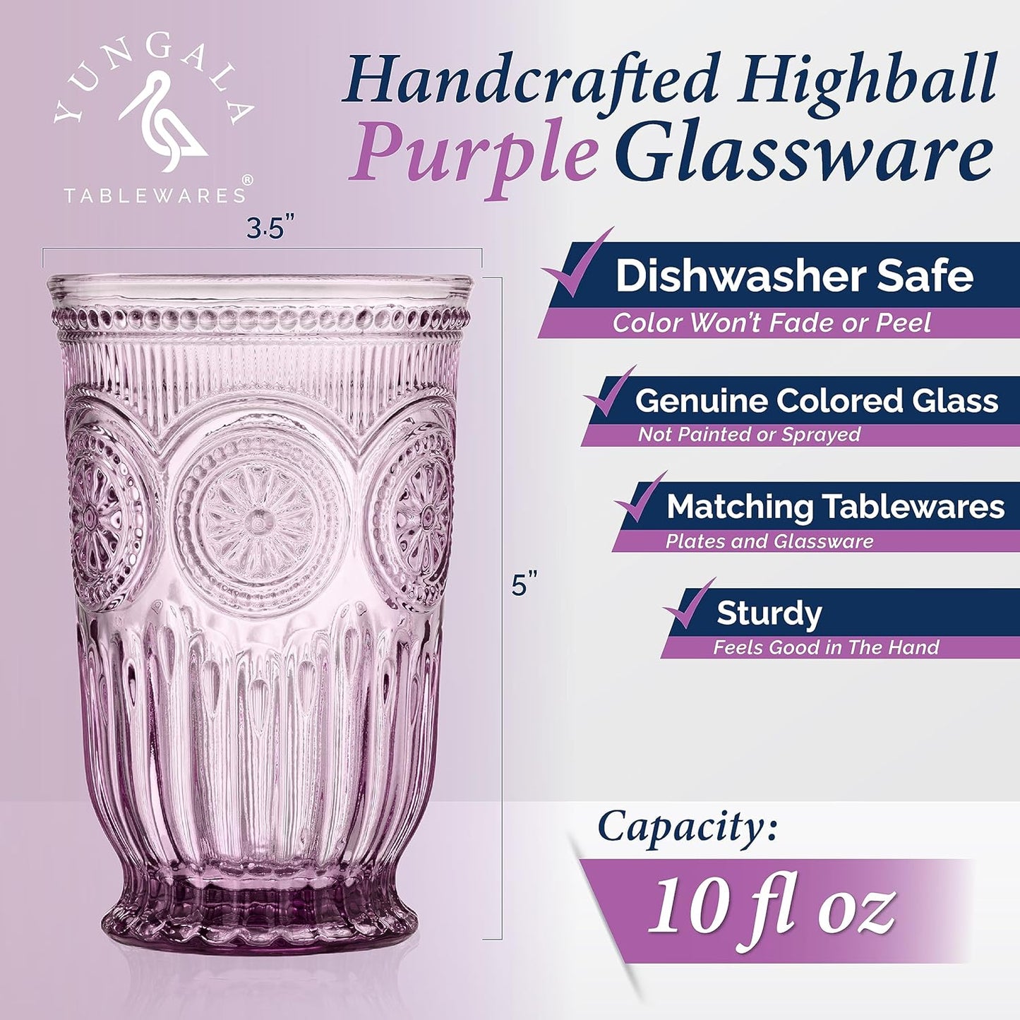 Yungala Purple Highball Glasses, set of 6 tall drinking glasses with unique vintage design and a deep purple hue. DISHWASHER SAFE glassware made from purple glass. Matching wine glasses available.