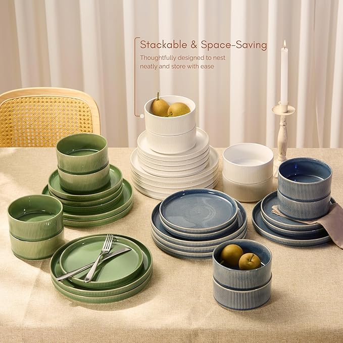 Ceramic Dinnerware Set, by Vase and Vessel, 12-Piece Service for 4, 9.8” Dinner Plates, 8” Salad Plates, 20 oz Bowls, Ombre Reactive Glaze, Durable Stoneware, Microwave & Dishwasher (Moss Green)