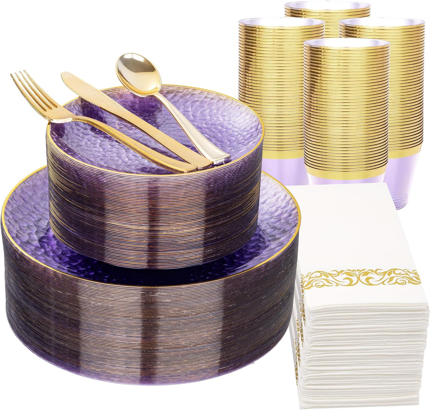 DaYammi 350 Pcs Clear Purple Gold Plastic Plates, Hammered Disposable Dinnerware, Clear Purple Plates Set Include 100 Plastic Platos, 150 Gold Disposable Silverware, 50 Cups And 50 Napkins for Party
