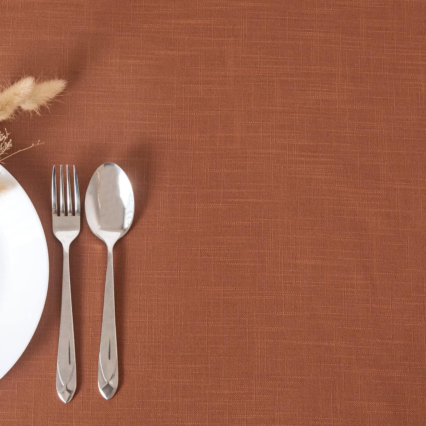 maxmill Lux Faux Linen Table Cloth with Slubby Texture Wrinkle Resistant Anti-Shrink Soft Fall Tablecloth for Kitchen Dining Tabletop for Thanksgiving Parties Rectangle 60 x 140 Inch Rust